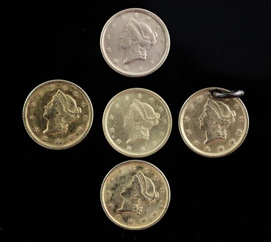 Five United States of America one dollar gold coins, 8.4g gross